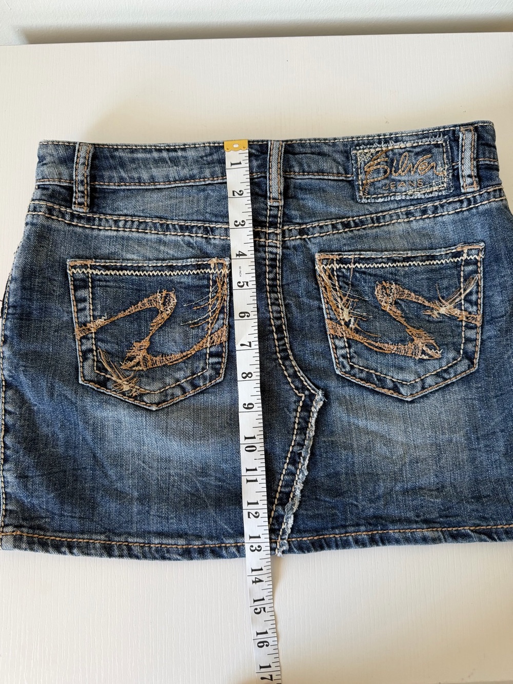 Y2K Silver Jeans Co. Ravi Denim Mini Skirt W26 Distressed Y2K Embroidered